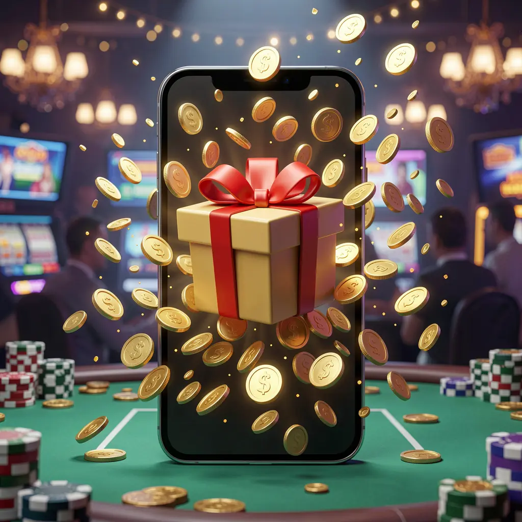 AAGO game mobile casino bonus app concept showing a phone screen with a gift box and coins bursting out in a festive casino atmosphere
