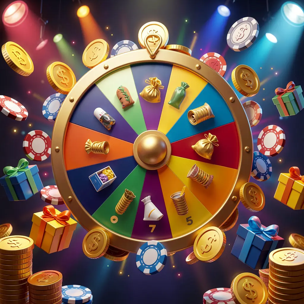 AAGO game online casino bonus wheel with colorful prize wheel surrounded by golden coins, chips, and gift boxes, glowing casino lights creating an exciting jackpot atmosphere on a dark background