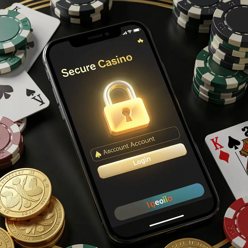 AAGO game secure casino account login concept with glowing lock icon on smartphone screen surrounded by poker chips, playing cards, and golden coins on an elegant black and gold background