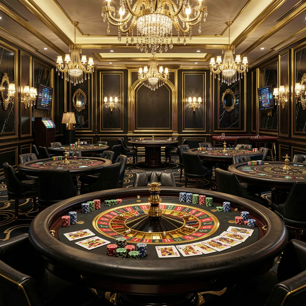 AAGO game luxury online casino lobby with glowing roulette tables, golden lights, poker chips, and cards in a premium black and gold design