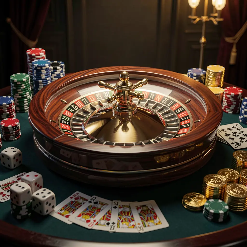 AAGO game premium casino homepage scene featuring a roulette wheel spinning on a glossy table surrounded by poker chips, dice, cards, and golden coins against an elegant dark background with cinematic lighting